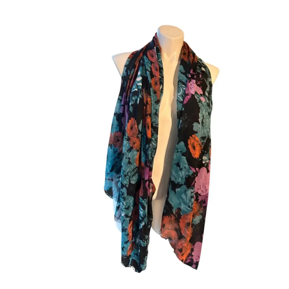 Teal & Orange Floral Lightweight Scarf Boho Romantic Wrap